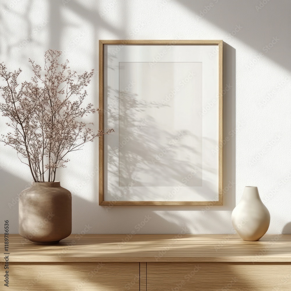 Aufkleber minimalist interior scene with blank picture frame on wooden table in scandinavian style