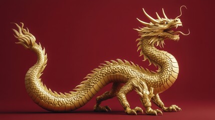 Obraz premium 3d Full body golden dragon in bend body pose, red background 