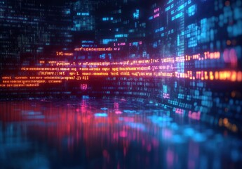 Futuristic Digital Landscape Cyberpunk Code Snippets Neon Lights Programming Technology Art