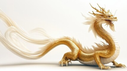 Fototapeta premium 3d Full body gold dragon flying, bend body pose, isolated white background 