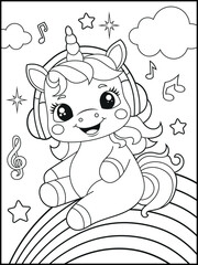 Printable Unicorn coloring page for kids.A cute unicorn wearing headphones and listening to music . Black and white unicorn cartoon characters for children's activity books.