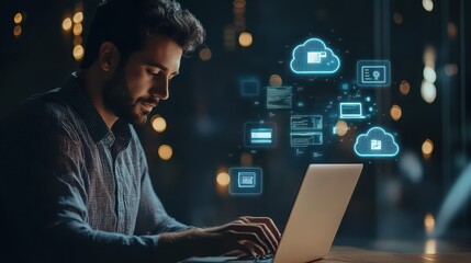 A man focused on typing on a laptop, with a hologram of cloud services and synchronization icons visually representing data transfer and device connectivity.