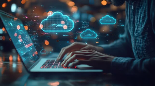 A man focused on typing on a laptop, with a hologram of cloud services and synchronization icons visually representing data transfer and device connectivity.