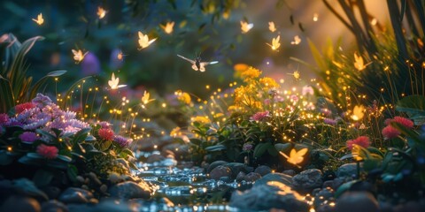 A serene garden scene with sparkling water, colorful flowers, and glowing butterflies.