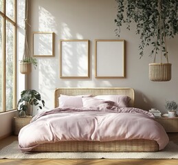 Scandinavian Cozy Bedroom with Rattan Bed Pastel Bedding and Hanging Plants