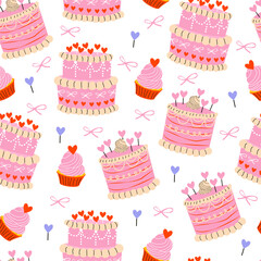 Lovely Valentine`s day pattern design with cakes on blue background. Festive artistic cover. Poster, business card, invitation, flyer, banner, email header, menu, wrapping paper, wallpaper
