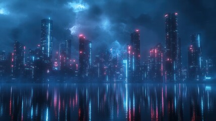 Futuristic Cyberpunk City Skyline at Night with Neon Lights and Reflections in Water