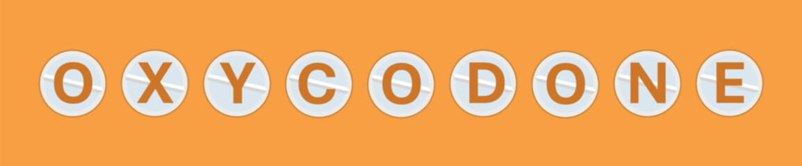 White oxycodone tablet on orange background. Oxycodone inscription on white oxycodone medical pills. Very strong painkiller. Sold with red prescription. Thebaine. Addictive similar to codeine. Vector.