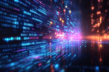 Futuristic Digital Landscape with Glowing Code and Cyberpunk Elements