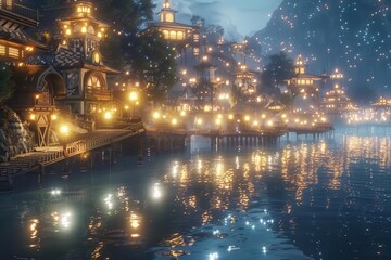 Obraz premium A serene lakeside village illuminated by warm lights, reflecting beautifully on the water at twilight.