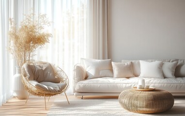 Modern minimalist white living room interior design with natural light and serene decor