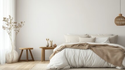 A modern bedroom featuring minimalist furniture, hardwood flooring, and a large window, set against a light background to highlight a contemporary living concept.