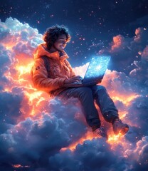 Cheerful Young Man on Blue Cloud with Laptop, Cartoon Style Illustration for Cloud Services and Technology Concept