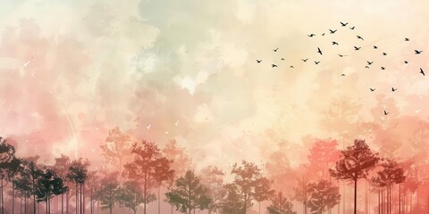 A serene landscape depicting a forest at sunset with birds flying in a colorful sky.