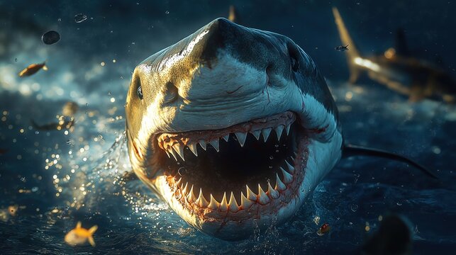 Powerful great white shark emerges from deep ocean. Predatory creature with sharp teeth in motion. Close-up view shows amazing power, scale of marine life. Dramatic lighting highlights intense