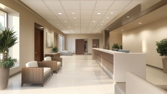 Modern beige doctor's office interior featuring a clean, welcoming space with comfortable furnishings and a professional atmosphere.