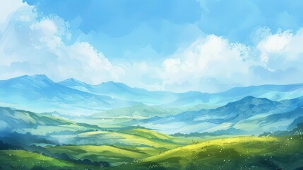 Fototapeta premium A serene landscape depicting rolling hills under a bright blue sky with fluffy clouds.