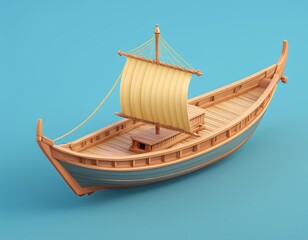 3D charming wooden sailboat with a single tan sail sets sail on an adventure