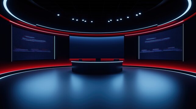 Virtual studio background for TV news. Modern 3D rendering backdrop. Ideal for online shows live events. Circular design with large screens showing data streams. Round dark table in center of room