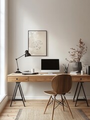 Minimalist workspace wooden desk modern lamp Scandinavian design soft lighting clean lines simplicity