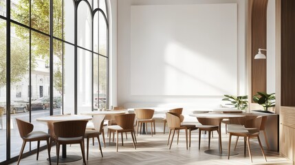 A modern cafe interior featuring wooden furniture, large windows, and a white blank wall, set in a light-filled space.
