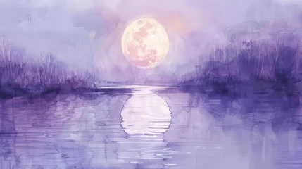Selbstklebende Fototapeten A serene landscape featuring a large moon reflecting on a calm river surrounded by misty trees. © PICK YOUR POV