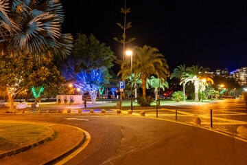 The road and park at night in Funchal, Madeira.