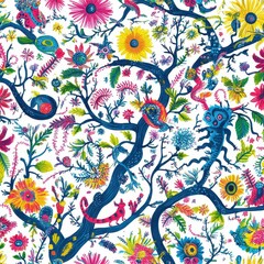 Colorful Botanical Illustration with Whimsical Animals and Flowers