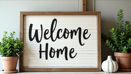 welcome home is boldly displayed in a rustic, hand-painted style on a wooden signboard background