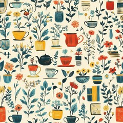 Colorful Floral Pattern with Various Pot Plants and Flowers Design