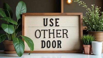 use other door is boldly displayed in a rustic, hand-painted style on a wooden signboard background