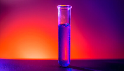 Neon close up of liquid medicine in test tube in  colors red ,blue, purple.Chemistry education and medical science research ideas.Science background.copy space.