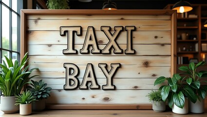 Obraz premium taxi bay is boldly displayed in a rustic, hand-painted style on a wooden signboard background