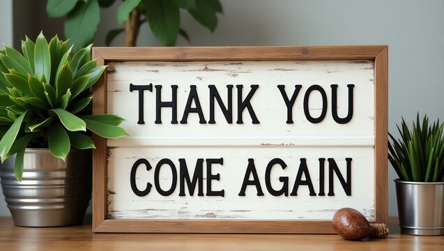 thank you come again is boldly displayed in a rustic, hand-painted style on a wooden signboard background