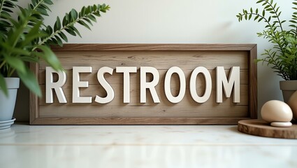 restroom is boldly displayed in a rustic, hand-painted style on a wooden signboard background