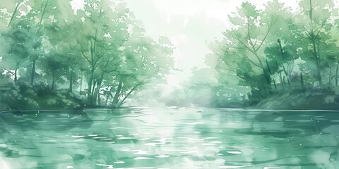 Obraz premium A serene landscape featuring a tranquil river surrounded by lush green trees and soft mist.