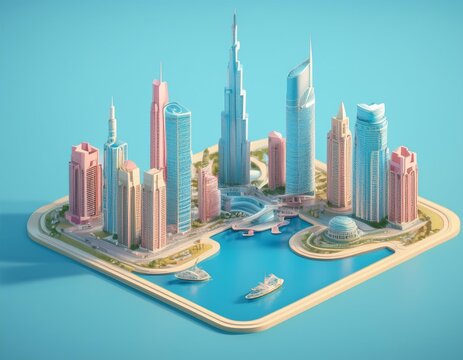 A stylized miniature cityscape featuring iconic Dubai skyscrapers and a waterfront