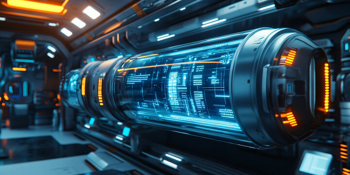 A mesmerizing view of a futuristic cryosleep chamber in a spaceship,