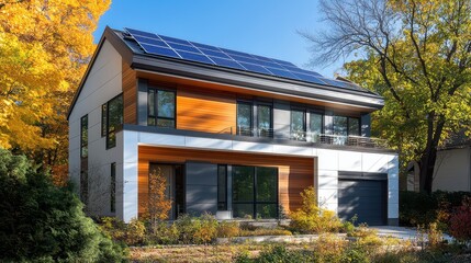 A modern eco-friendly house features a sleek design with a solar panel system installed on the roof, reflecting a commitment to sustainability and energy efficiency.