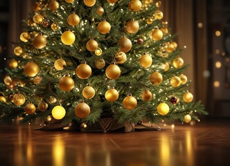 Naklejka premium Yellow lights and ornaments scattered across a dimly lit Christmas tree against an abstract bokeh background, bokeh, christmas, tree