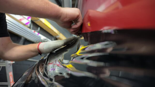 Process of applying a PPF film with a scraper and workers hand to a truck. Close up footage of applying a film on a car. 
