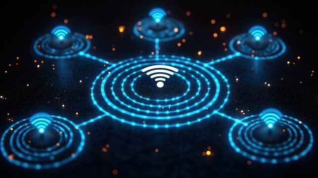 Abstract illustration shows modern digital network structure with glowing wifi symbols in concentric circles. Visual representation illustrates wifi connectivity, security in futuristic technological