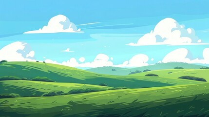 Fototapeta premium A serene landscape featuring rolling green hills under a bright blue sky with fluffy clouds.