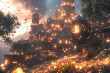 Enchanted Village at Sunset: A Magical Hillside Glowing with Warm Lights