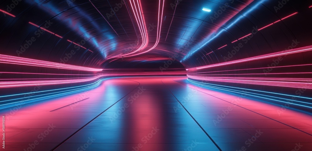 Aufkleber futuristic neon corridor with glowing light trails on glossy floor representing speed and technology