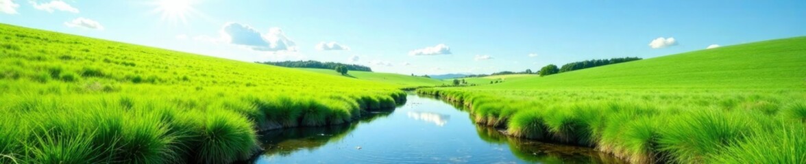 Naklejka premium A gentle stream flows through a lush meadow under a bright blue sky with few wispy clouds, landscape, countryside