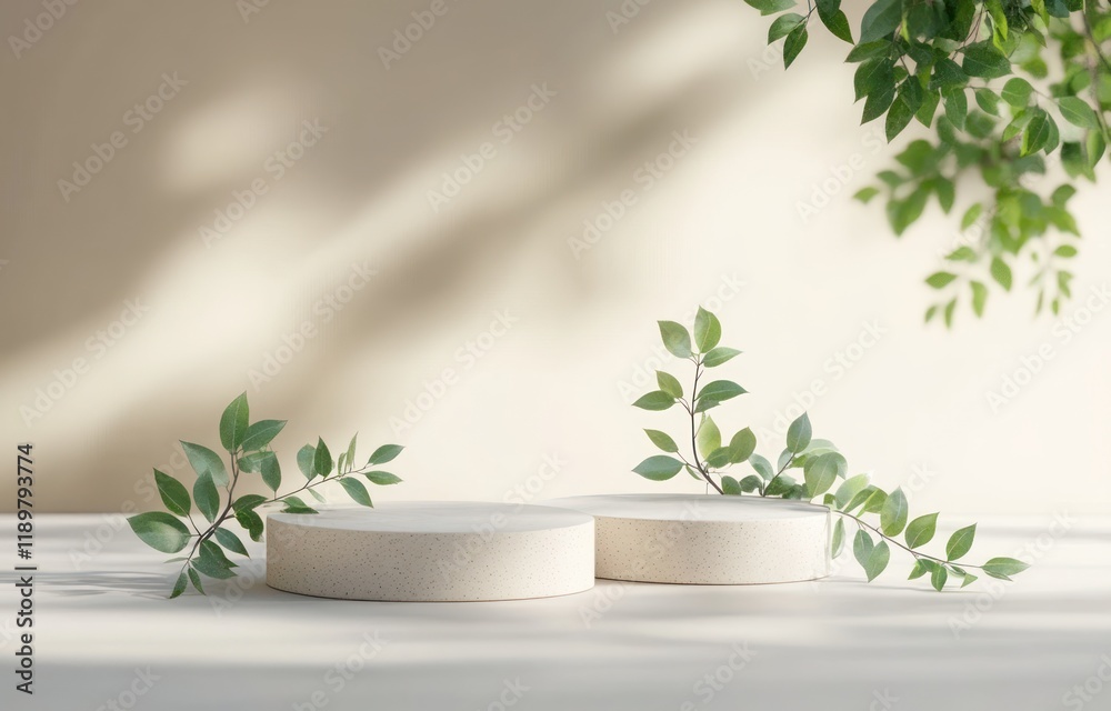 Poster minimalist 3d display podium with soft lighting and green leaves