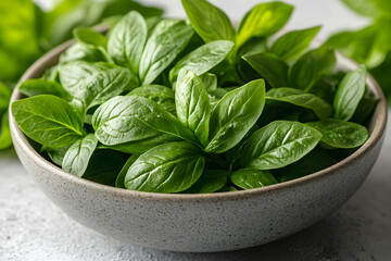 Fresh Green Basil Leaves in a Bowl, Close-up