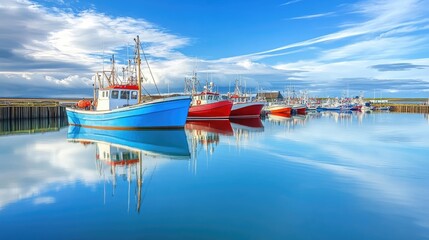 Naklejka premium A picturesque harbor with colorful fishing boats and calm water under a bright morning sky.