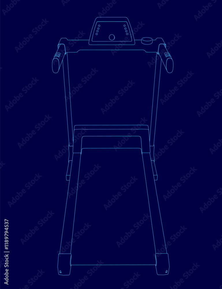 Poster blue drawing of a treadmill. the image is a close up of the machine, with the top of the machine sho
